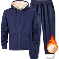 Men's Fleece-Lined Hoodie & Joggers Set - Casual, Warm Outdoor Sportswear with Zip-Up Jacket and Drawstring Pants