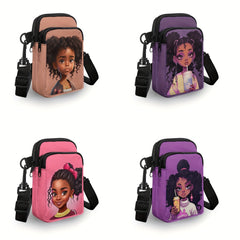 1pc Stylish African Girl Printing Chic Double Layers Crossbody Bag Small Phone Holder Lightweight Adjustable Strap Zipper