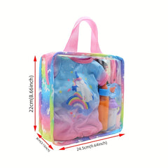 Doll Accessories, Rainbow Handbag + Doll Water Bottle + Cup + Plate with Transparent Display Window Travel Set, 18-Inch Family Style