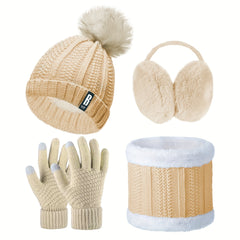 4pcs Winter Accessories Set for Women - Polyester Knitted Beanie Hat with Pompom, Ear Warmers, Touch Screen Gloves, and Scarf - Skiing and Outdoor Sports Warm Set