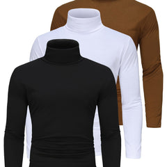 3-Pack Men'S High Neck Long Sleeve T-Shirts - Solid Color Stretch Knit Polyester Base Layer Shirts for Fall/Winter Warmth