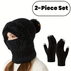 2pcs Women's Fleece Warm Hat and Glove Set, Knitted Fleece Hat with Fur Ball, Touch Screen Gloves, Winter Accessories, Suitable for Winter Outdoor