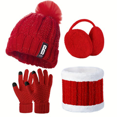 4pcs Winter Accessories Set for Women - Polyester Knitted Beanie Hat with Pompom, Ear Warmers, Touch Screen Gloves, and Scarf - Skiing and Outdoor Sports Warm Set