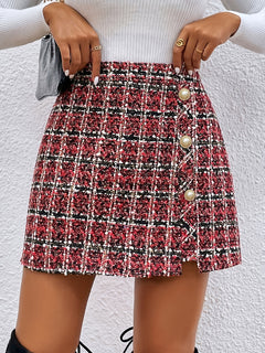 1pc Elegant French-Inspired Women'S Chic Plaid Polyester Skirt with Button Details, Woven Short Length A-Line Fit with Slit, All-Season Fashion Commuter Skirt