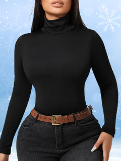 Long Sleeve Plush Lined Turtleneck Shaping Bodysuit, Tummy Control Slimmer Women's Underwear & Shapewear