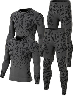 2 Set 4 Pieces Men's Sports Thermal Underwear Set, Fleece Lined Long Johns Base Layer Shirts Pant, Seamless Quick-drying Compression Shirt Comfortable High Stretch Breathable Leggings for Sports Such as Skiing, Outdoor Hiking