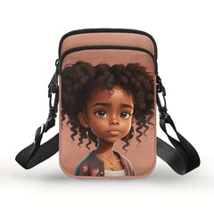 1pc Stylish African Girl Printing Chic Double Layers Crossbody Bag Small Phone Holder Lightweight Adjustable Strap Zipper