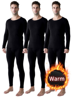 3-Pack Men'S Winter Warm Thermal Underwear, Crew Neck Solid Color Knit Polyester 95% Elastane 5% Base Layer, Regular Fit, Thick