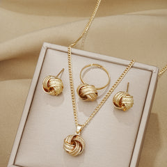 1 Pair Stud Earrings + 1 Pc Necklace + 1 Pc Ring - Elegant Twisted Knot Design Jewelry Set for Women