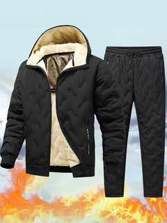 Men's Winter Fleece-Lined Hooded Jacket & Pants Set - Casual, Warm Outdoor Gear with Zipper Pockets