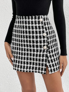 Plaid Pattern Button Front Mini Skirt, Elegant Slit Hem High Waist Bodycon Skirt For Spring & Fall, Women's Clothing