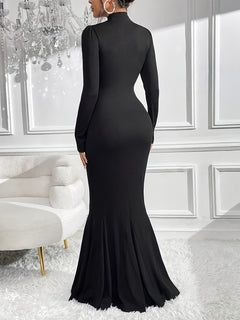 1pc Elegant High Neck Mermaid Dress for Women, Solid Color Slim Fit Polyester Knit Long Sleeve Tail Gown, Casual Style for All Seasons