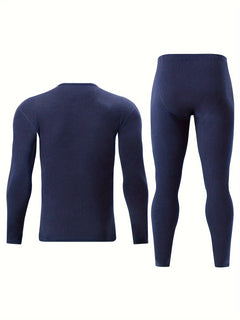 Men's 4pcs Thermal Underwear Set - Slim Fit Crew Neck Tops & Pants, Stretchy Polyester Blend, Perfect for Fall/Winter, Base Layer, Autumn Clothes