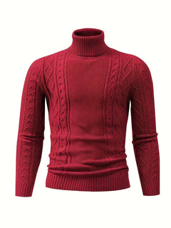 Soft Viscose Blend Men's Long Sleeve Turtleneck Sweater, Regular Fit Solid Color High Collar Knitwear with Ribbed Knit Pattern Design