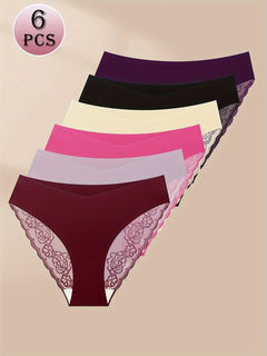 6pcs Women's Low Waist Panties Triangle Panties Plain Color Lace Trim Thin and Breathable