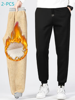 2pcs Men's Fleece-Lined Joggers - Windproof, Casual & Versatile Sweatpants with Pockets for Fall/Winter