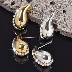 Two Pairs of Fashionable European and American Water Drop Golden and Silvery Rhinestone Earrings Set