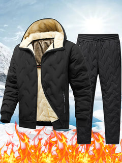 Men's Winter Fleece-Lined Hooded Jacket & Pants Set - Casual, Warm Outdoor Gear with Zipper Pockets