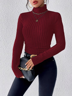 Women's 3pcs Ribbed Turtleneck Long Sleeve Tops - Casual, Stretchy Polyester Blend, Machine Washable - Perfect for Spring & Fall