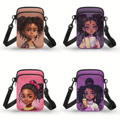 1pc Stylish African Girl Printing Chic Double Layers Crossbody Bag Small Phone Holder Lightweight Adjustable Strap Zipper