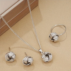 1 Pair Stud Earrings + 1 Pc Necklace + 1 Pc Ring - Elegant Twisted Knot Design Jewelry Set for Women