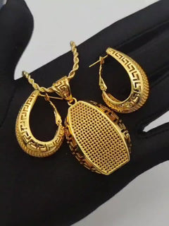 Elegant 18K Golden Plated Jewelry Set, Middle Eastern Style, Women's Fashion Earrings, Pendant Necklace, Classic Copper