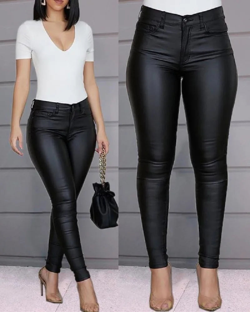 Female Leather Leggings Pants Girl Solid Small Feet Fashion Pants Stretch Trousers Slim Fit Autumn High Waist Casual Pants