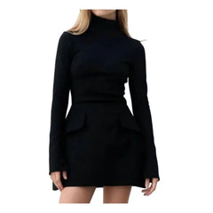 Chic Red Women Pockets Mini Dress Elegant Turtleneck Long Sleeve Slim Commuting Dresses 2023 Lady Solid Bodycon A-line Robe