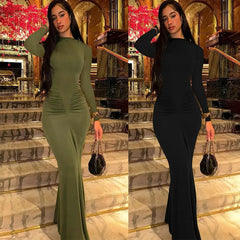 Black, Green Autumn Elegant Ruched Long Bodycon Maxi Dress Fashion Outfits