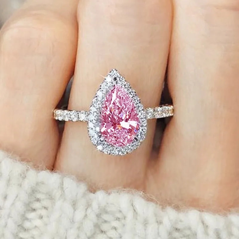 Waterdrop Pink/White Cubic zirconia Rings for Women Luxury Trendy Engagement Wedding Bands