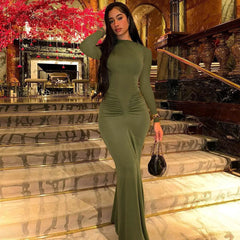 Black, Green Autumn Elegant Ruched Long Bodycon Maxi Dress Fashion Outfits