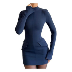 Chic Red Women Pockets Mini Dress Elegant Turtleneck Long Sleeve Slim Commuting Dresses 2023 Lady Solid Bodycon A-line Robe