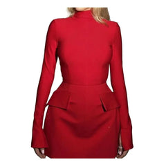 Chic Red Women Pockets Mini Dress Elegant Turtleneck Long Sleeve Slim Commuting Dresses 2023 Lady Solid Bodycon A-line Robe