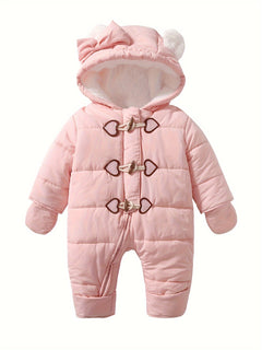 Baby Girls Cute Fleece Warm Hooded Bodysuit With Love Heart Button & Bow Accessories, With Cute Gloves, Suitable For Winter Outdoors