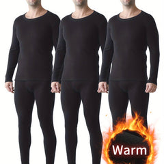 3-Pack Men'S Winter Warm Thermal Underwear, Crew Neck Solid Color Knit Polyester 95% Elastane 5% Base Layer, Regular Fit, Thick