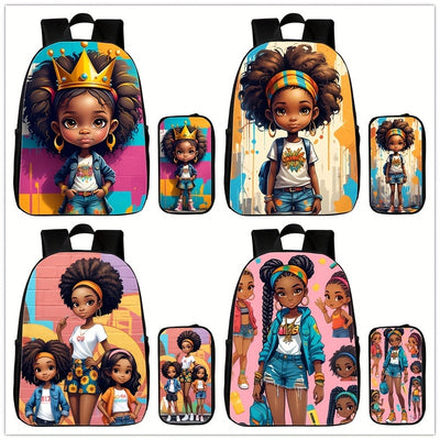 2pcs 3D Printed African Girl Pencil Case Backpack Set, Student School Bag, Girl Shoulder Bag Backpack Pencil Case Two-piece Set