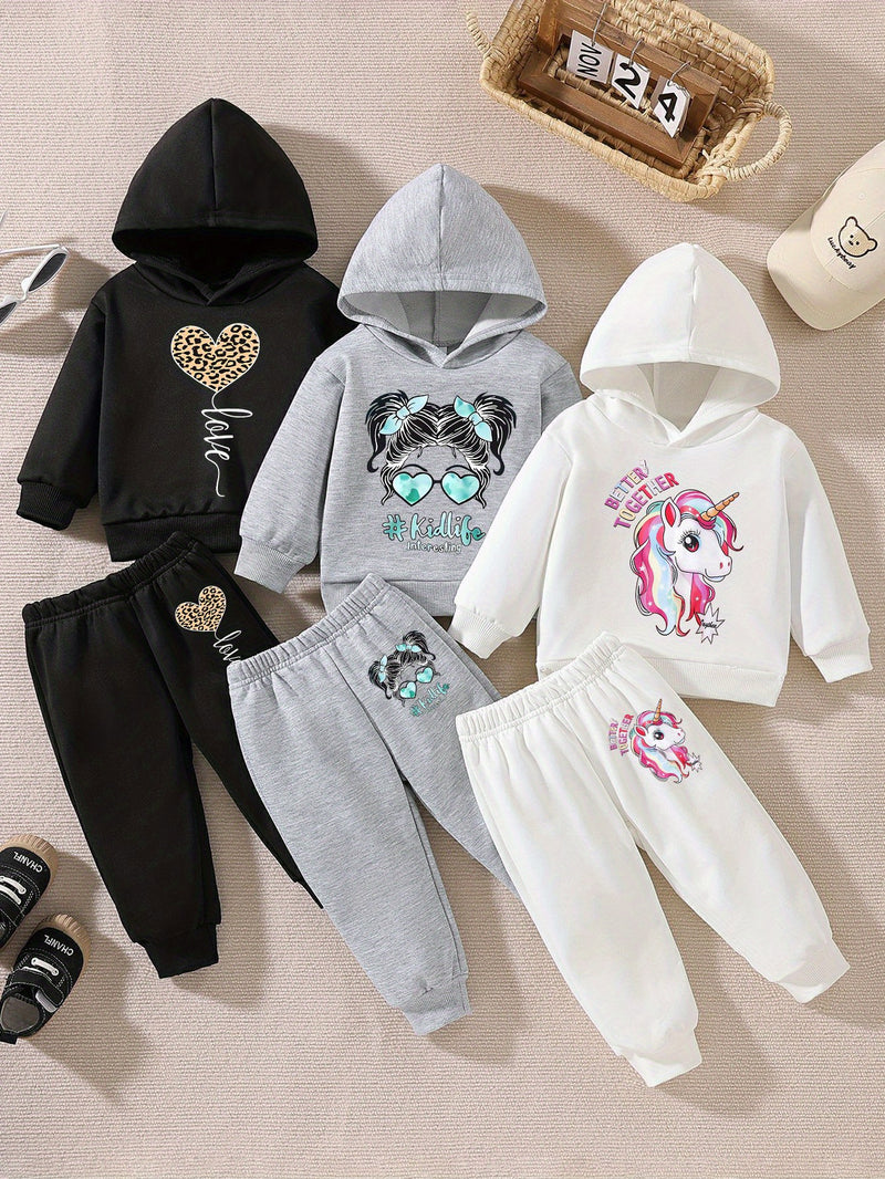 Girls' 6pcs Active Hoodie and Pants Set with Alphabet Pattern, Heart and Animal Print Appliques, Long Sleeve, Knitted Polyester, Casual Loose Fit for Fall/Winter, for Outdoor