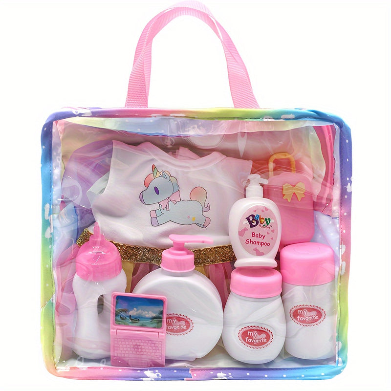 Doll Accessories, Rainbow Handbag + Doll Water Bottle + Cup + Plate with Transparent Display Window Travel Set, 18-Inch Family Style