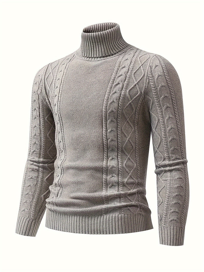 Soft Viscose Blend Men's Long Sleeve Turtleneck Sweater, Regular Fit Solid Color High Collar Knitwear with Ribbed Knit Pattern Design