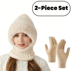 2pcs Women's Fleece Warm Hat and Glove Set, Knitted Fleece Hat with Fur Ball, Touch Screen Gloves, Winter Accessories, Suitable for Winter Outdoor