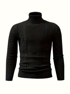 Soft Viscose Blend Men's Long Sleeve Turtleneck Sweater, Regular Fit Solid Color High Collar Knitwear with Ribbed Knit Pattern Design