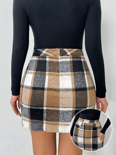 Women's Plaid Pencil Skirt, Elegant Polyester (PET) Fabric, Button Detail, Woven, Fashionable Half-Skirt for All Seasons