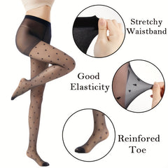 3 Pairs Women's Heart Pattern Tights, High Waist Sheer Pantyhose With Reinforced Toes, Stretch Black Fashion Stockings