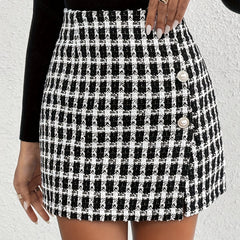 Elegant Women's Plaid Skirt with Button Detail - High Waist, Non-Stretch Polyester, Machine Washable - Perfect for Fall/Winter, Elegant Style, Autumn/Winter