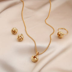 1 Pair Stud Earrings + 1 Pc Necklace + 1 Pc Ring - Elegant Twisted Knot Design Jewelry Set for Women