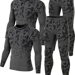 2 Set 4 Pieces Men's Sports Thermal Underwear Set, Fleece Lined Long Johns Base Layer Shirts Pant, Seamless Quick-drying Compression Shirt Comfortable High Stretch Breathable Leggings for Sports Such as Skiing, Outdoor Hiking