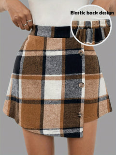 Elegant Women'S Plaid Mini Skirt, 100% Polyester Woven Fabric, with Elastic Back Design and Button Detail, for Fall/Winter