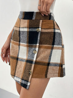 Elegant Women'S Plaid Mini Skirt, 100% Polyester Woven Fabric, with Elastic Back Design and Button Detail, for Fall/Winter