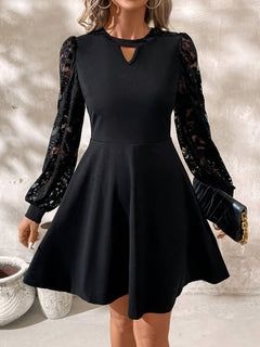 Lace Patchwork Lantern Sleeve Dress, Elegant Cut Out Crew Neck A-Line Flared Mini Dress For Spring & Fall, Women's Clothing