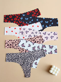 Random 7pcs of printed Women's invisible underwear seamless Women's underwear soft and comfortable one-piece cute butterfly love red lips pattern underwear